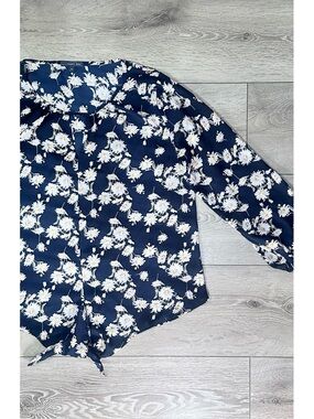 West Kei Daisy Print Semi-Sheer Tie Front Balloon Sleeve Top